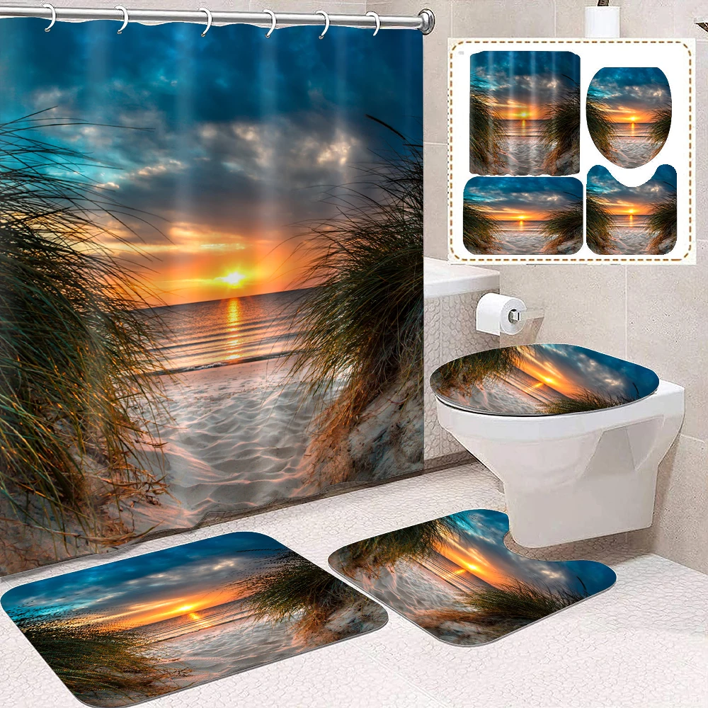 1 set of sunset ocean scenery printed shower curtains, summer style, with 12 hooks and bathroom floor mats
