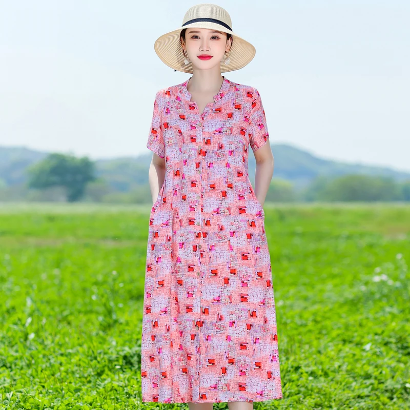 Robes longues à manches courtes pour femmes, robes coréennes imprimées vintage, vêtements d'été élégants, haute qualité, 2023