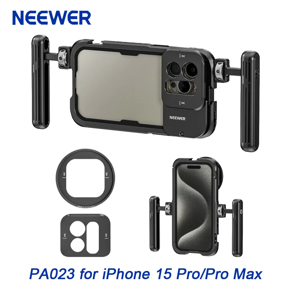 

NEEWER PA023 Metal Cage For iPhone 15 Pro/Pro Max Dual Handles Phone Cage Video Rig with 67mm Filter Adapter 17mm Lens