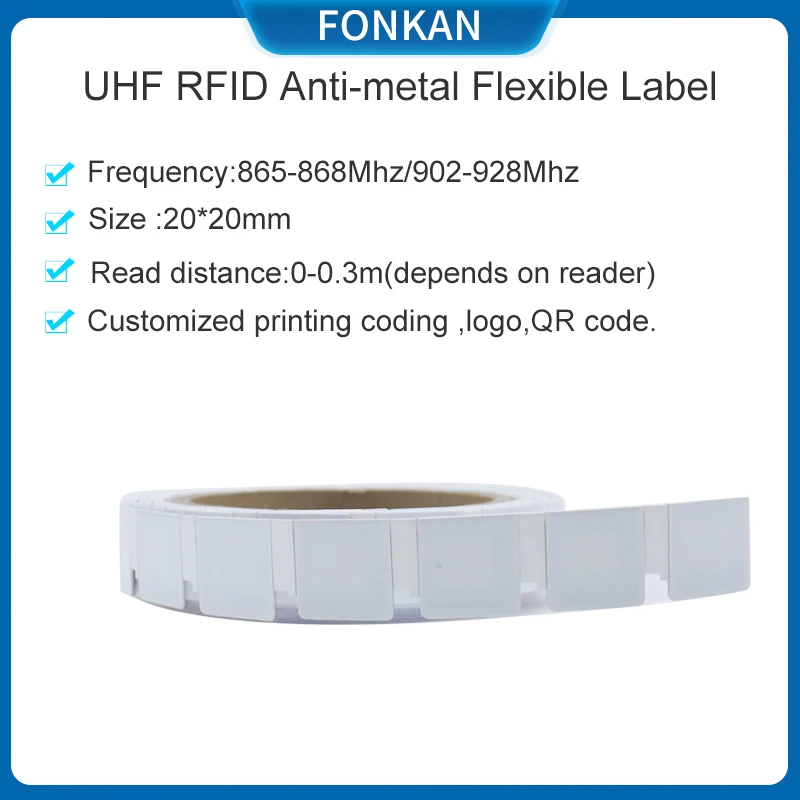 500pcs/roll UHF RFID Sticker Label 20*20mm Small Flexible Anti-metal RFID Tag UHF for Asset Management UHF RFID Anti-metal Label