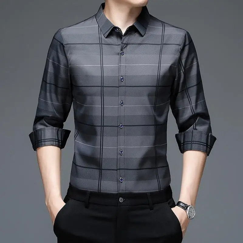 Men's Pure Cotton Shirt Long-sleeved Young and Middle-aged Cotton Business Casual Plaid Shirt Korean Style Slim-fitting Top