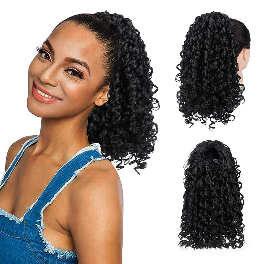 Extensión de cola de caballo rizada con cordón sintético para mujer africana, 7 colores, extensión corta Afro Kinky, 35cm