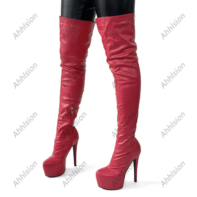 New Women Handmade Winter Over Knee Boots Side Zipper Sexy Stiletto Heels Round Toe Pretty Fuchsia Shoes Ladies US Size 5-20