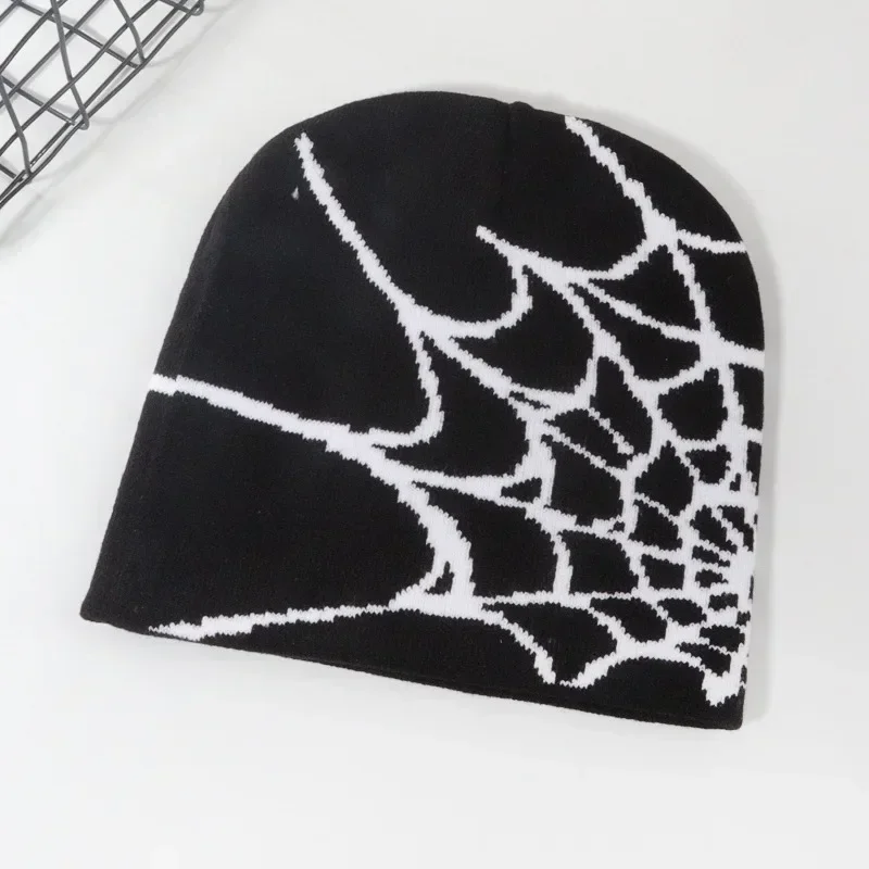 Fashion Knitting Spider Web Design Hat for Men Women Pullover Pile Cap Y2k Goth Warm Beanie Hats New Hip-hop Street Cap