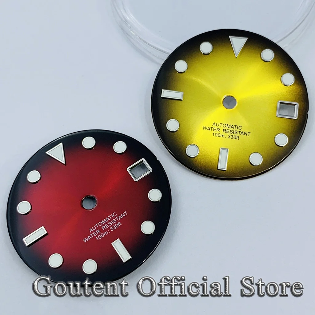 Goutent 29mm Green Luminous Blue Yellow Sterile Watch Dial Fit NH34 NH35 NH36 Movement Fit 3 O\'Clock Crown 3.8 O\'Clock Crown