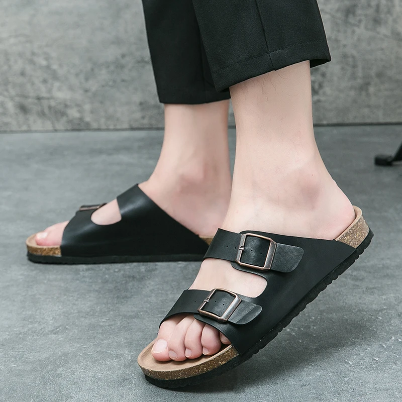 Zapatillas de corcho para la playa para hombre y mujer, Sandalias informales con doble hebilla, chanclas planas sin cordones, novedad de verano, 2023