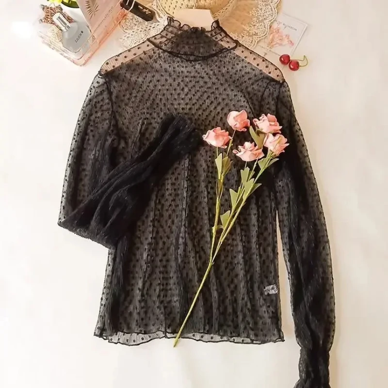 

Autumn Women Thin Black Lace shirt Sexy Turtleneck Long Sleeve Slim Lace Crochet Patchwork Tops Fashion women clothing