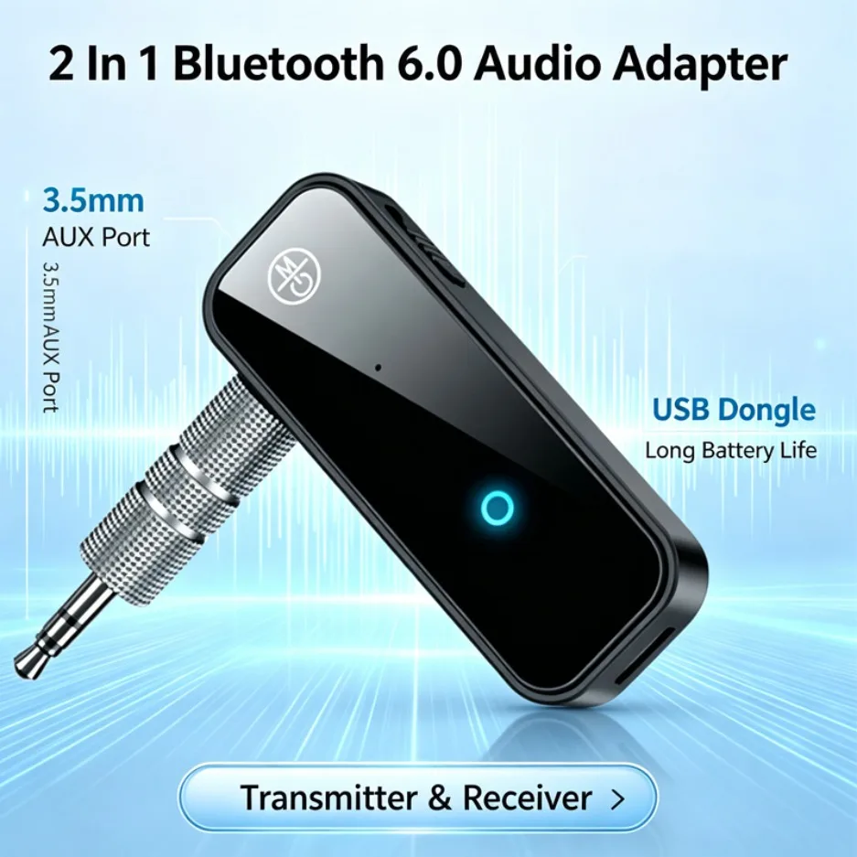 2 In 1 Bluetooth 6.0 Transmitter Receiver 3.5mm AUX Wireless Audio Adapter USB Charging For Car TV Speaker Stereo Headphones - view 3
