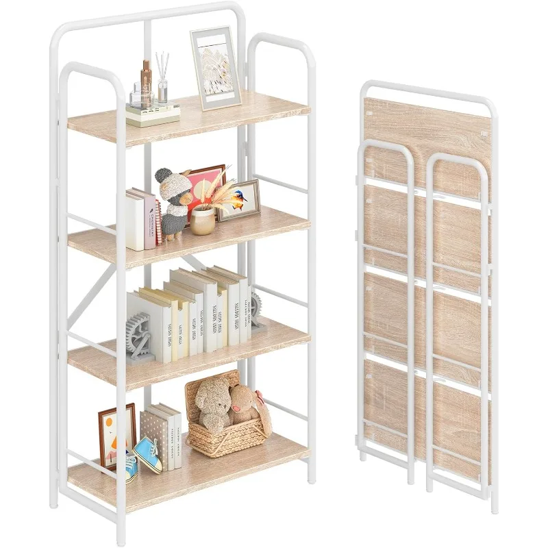 Assembly Folding Bookshelf, 4 Tier Vintage Industrial Book Shelf,Metal Foldable Storage Bookcase and Bookshelves for Livi