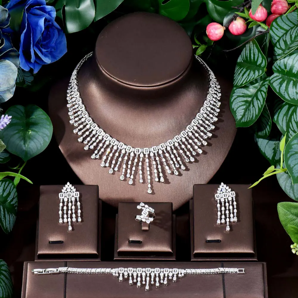 4 Pcs Women's Set Elegant Lady Tassel Set Zirconium Necklace Earrings Bracelet Accessories Dress Party Wedding Festival M-125
