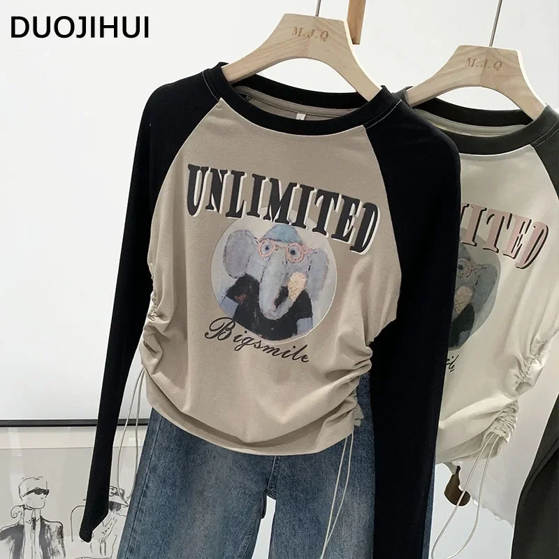 DUOJIHUI Korean Spell Color Chic Printed Slim Waist Female T-shirts Autumn New Simple Casual Long Sleeves Fashion Women T-shirts