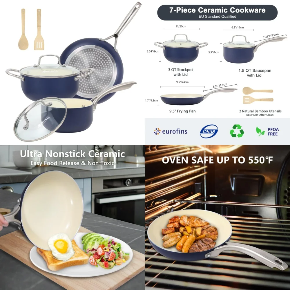 

Cookware Sets7 Piece Nonstick Ceramic Pots and Pans Set for Induction and Gas Stoves Lightweight Kitchen Cookware
