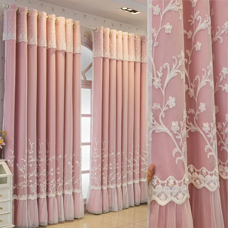 Korean Princess Style Double Layer Curtain Integrated Sheer & Fabric with Simple Luxury Design Romantic Curtain for Bedroom