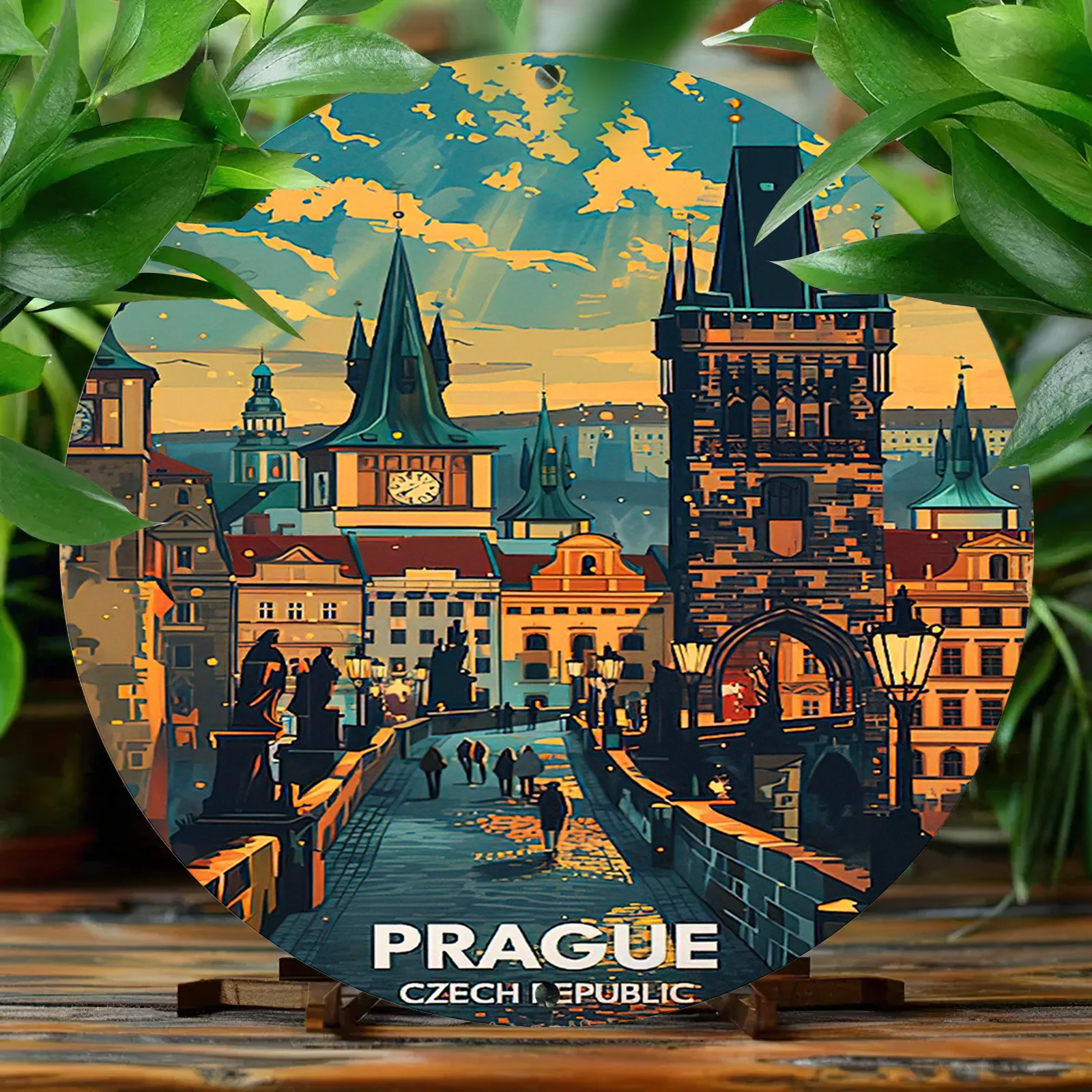 Prague Czech Republic Vintage-Inspired Metal Sign - 1pc Aluminum 2D Carved Painted Round Wall Decor, 8 Inch Diameter, for Home &