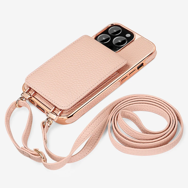 Vietao-Plated Leather Cover Case for iPhone, Pink Crossboby litchi, Card Slot, iPhone 13Pro, 14Pro, 14 Plus, Pro Max