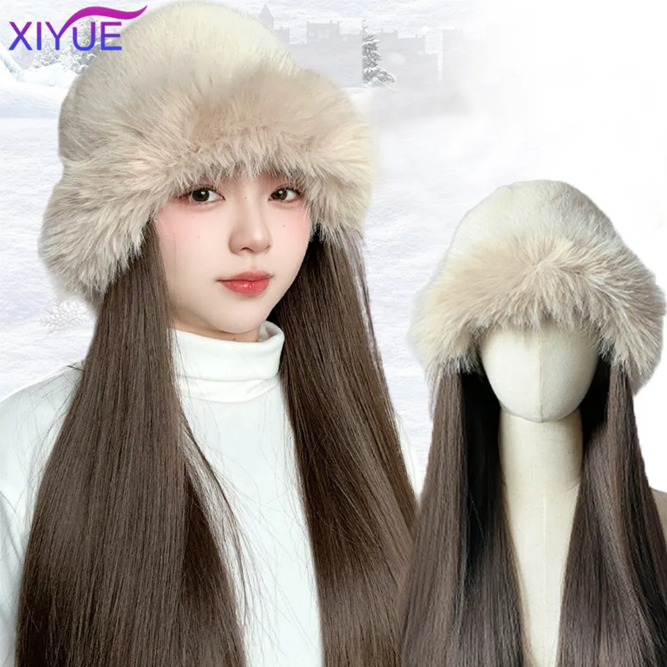 XIYUE Hat wig all-in-one women's fashion winter plush thickened black long straight hair full set fisherman's hat