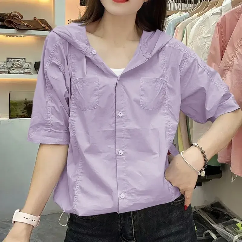 

Лето 2023, новые свободные универсальные топы, повседневные блузки, модные однотонные рубашки с капюшоном и карманами на пуговицах, женская одежда