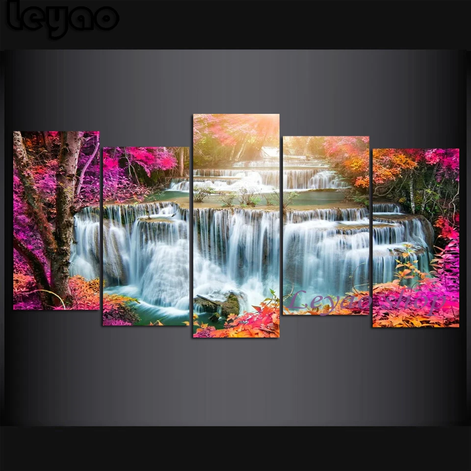 Diamond Painting Kit Red Scenery Mosaic Waterfall Home Decor Embroidery Forest Landscape Wall Stickers 5 pieces Diy