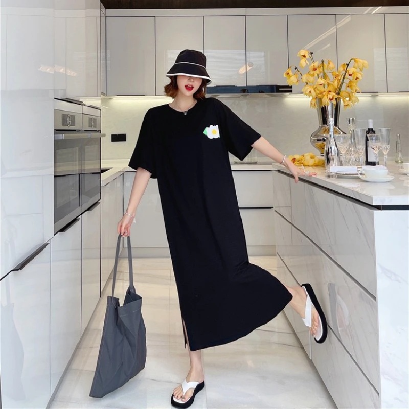 2024 Summer New Cartoon Printing Large Straight T Shirt Long Skirt Loose Raglan Short Sleeve Dress Extra Length Robe