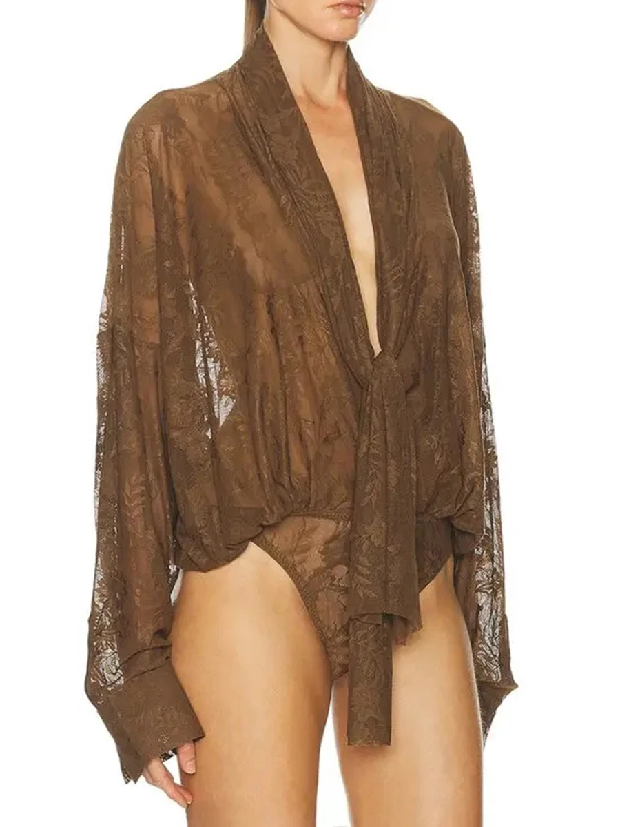 TWOTWINSTYLE Hollow Out Sheer Spliced Appliques Sexy Rompers for Women V Neck Long Sleeves Patchwork Lace Up Romper Female New