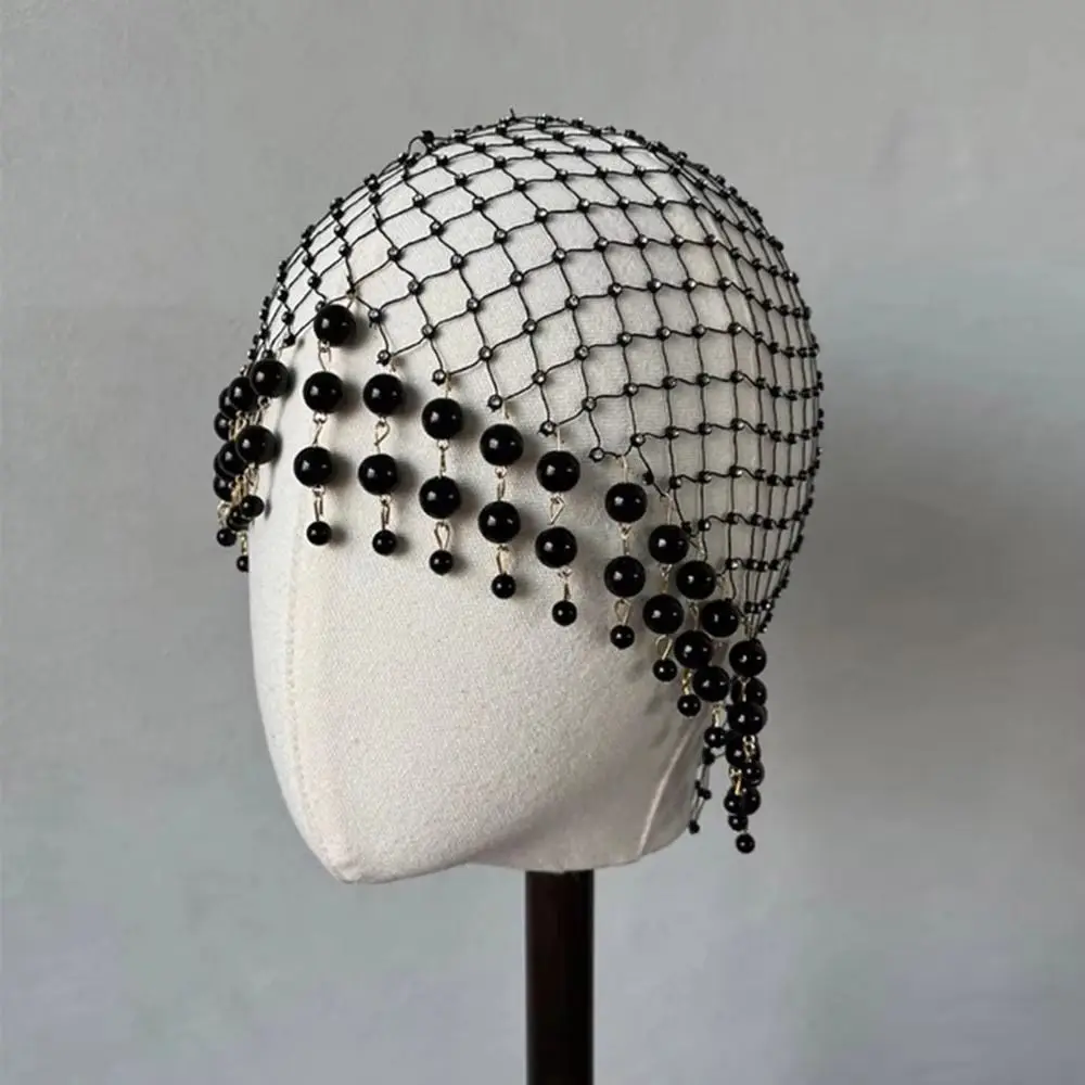 Boho Elegant Pearl Tassel Hair Hat Hollow Out Pearl Tassels Pearl Weave Hat Fishnet Mesh Beanies Luxury Headcaps Women Ladies