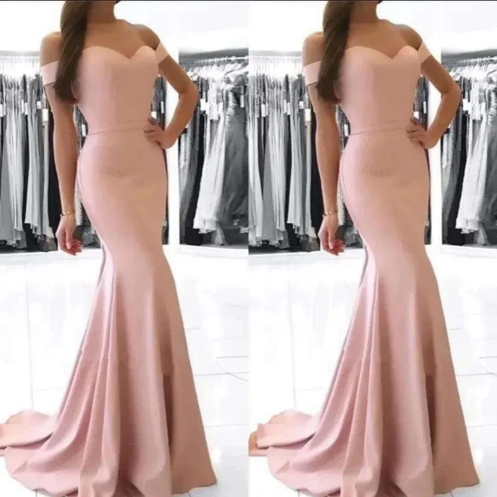 

Simple Elegant Pink Evening Dress Mermaid Off Shoulder Satin Prom Dress Long Evening Gown Cheap Bridesmaid Dress