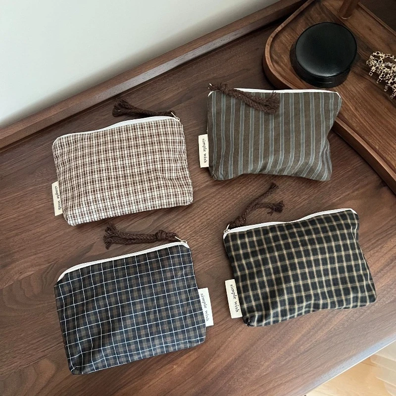 2026 Korea Style Dark Retro Plaid Cotton Mini Coin Purse Small Card Holder Case Pouch for Women Portable Cloth Wallet