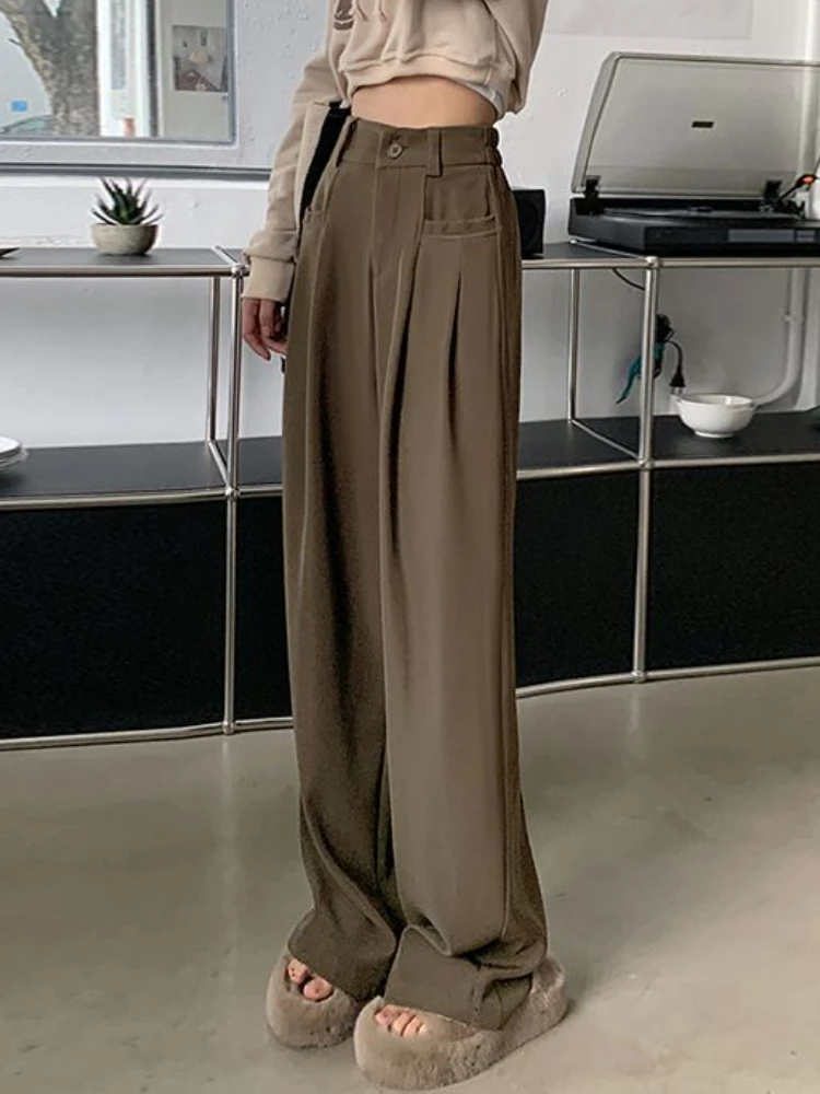 S-4XL Pants Women Simple Leisure Wide Leg Streetwear Chic Solid Loose All-match Ulzzang Floor Length Office Casual Folds Classic