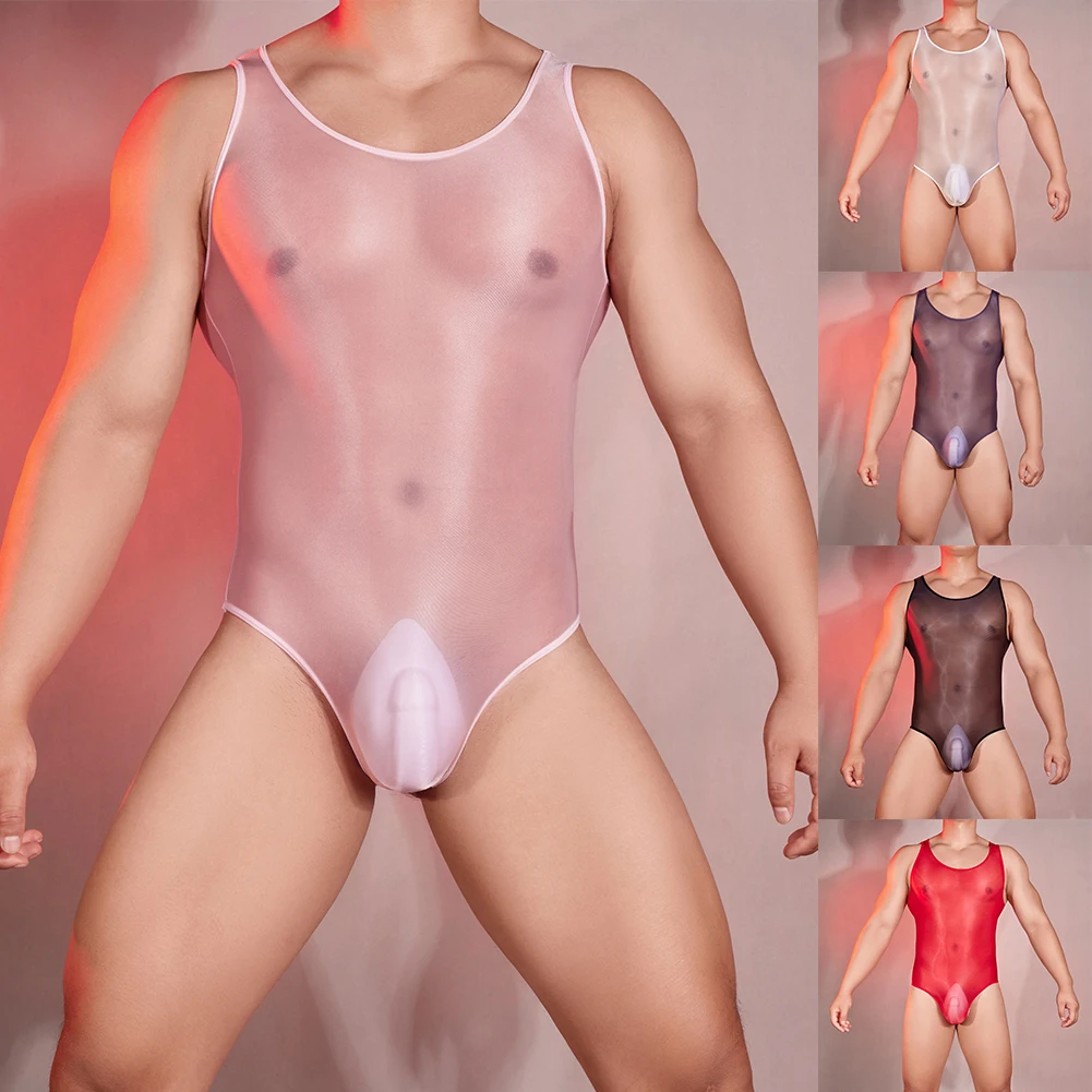 

Men Bodysuit Underwear Oil Shiny Ultrathin Sleeveless Tight Tank Tops Sexy Transparent Mesh Jumpsuit Nightclub