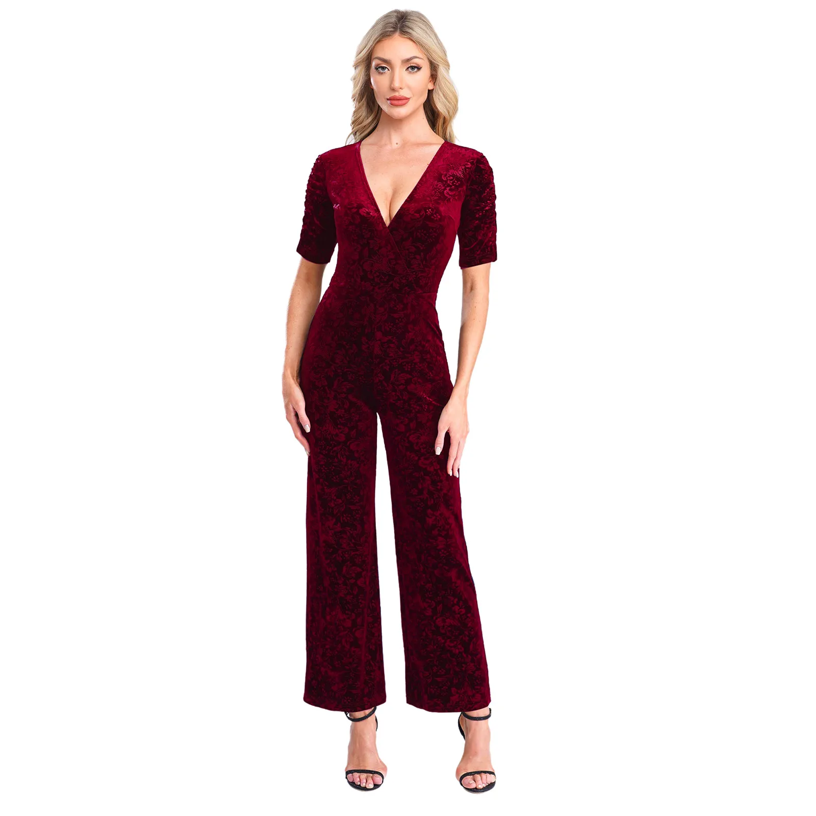 섹시한 랩 V넥 여성용 자카드 스트레이트 바지 롱 팬츠 원피스 점프수트 벨벳 플로럴 파티 롬퍼스 축제 의상