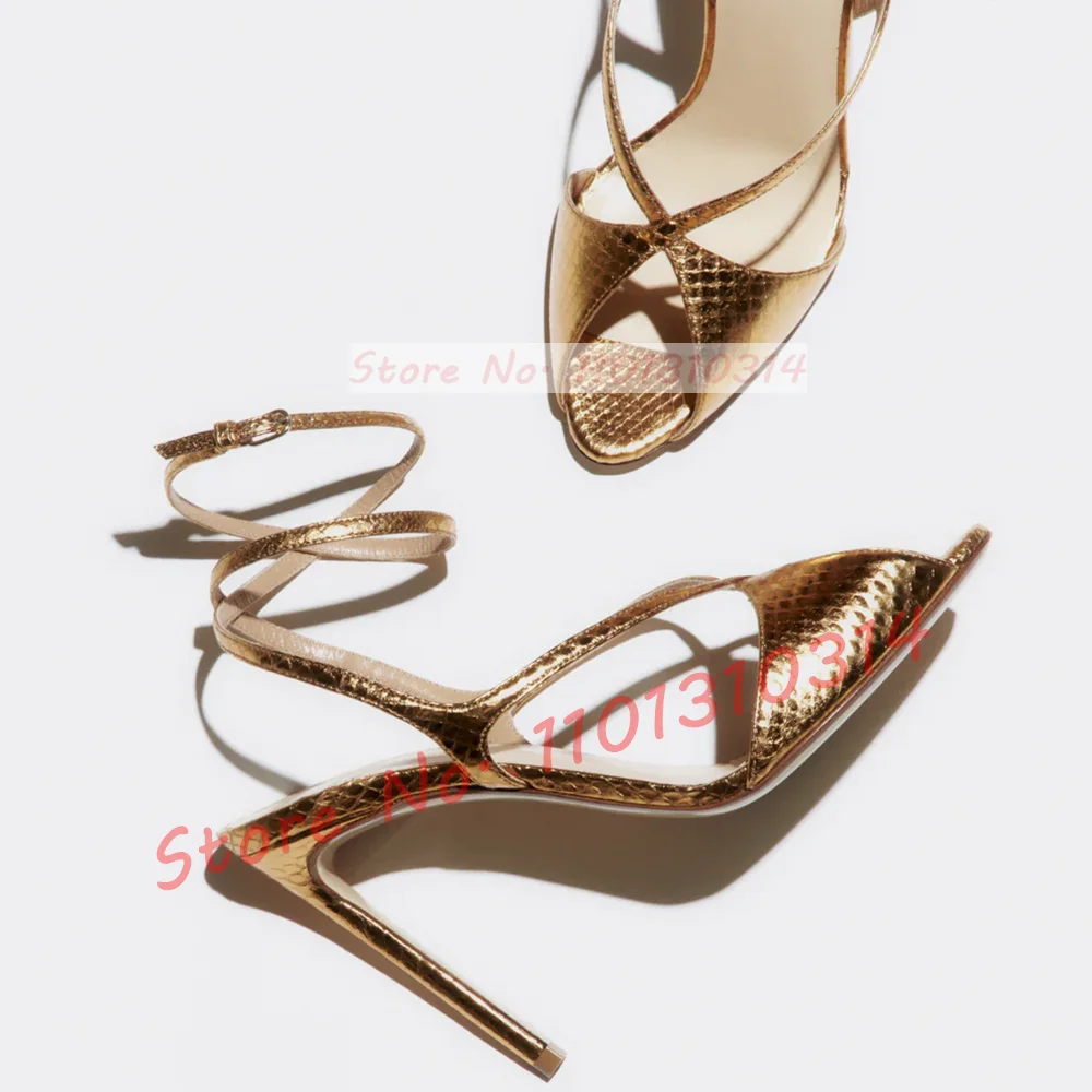 Gold Metallic Peep Toe Sandals Women Cross Strap Luxury Dress High Heels Shoes Ladies Strappy Blue Fashion Ankle Strap Sandals