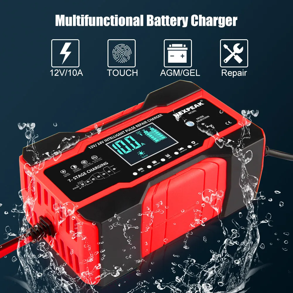 12V 10A/24V 5A Fully Automatic Car Battery Charger 7-Stage Fast Charging For AGM GEL WET Lead Acid Battery Charger LCD Display