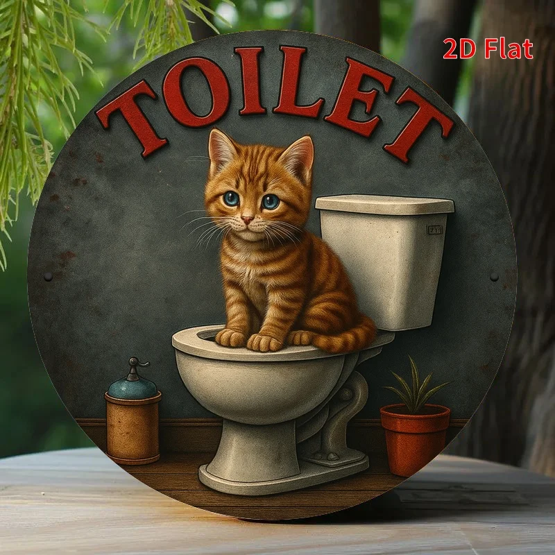 2D Flat, Wood Cat-Themed Toilet Sign - Retro Round Wall-Mountable Suitable for Home, Office, Coffee Shop Decor - Potty Training