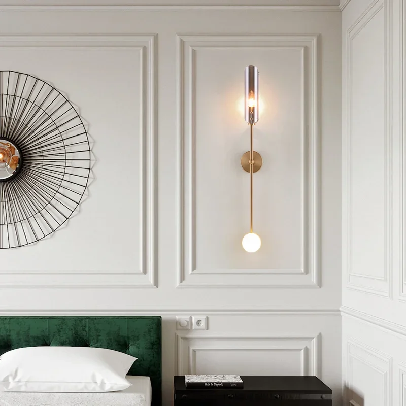 

Lamp Postmodern Gold Indoor Wall Copper Glass LED Wall Light Bedside Sconce For Living Dining Room Bedroom Background Lamp