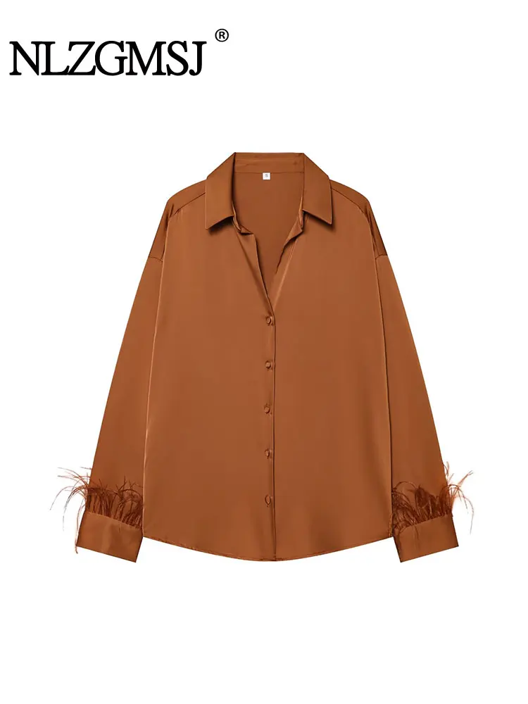 

NLZGMSJ 2026 Spring Women Fashion Satin Shirt Lapel Feather Long Sleeves Elegant Senior Shirts Tops Female Chic Casual Shirts ﻿