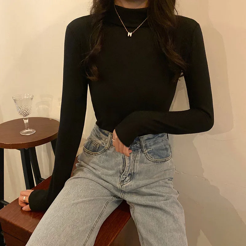 

Pure Color Long Sve f High Collar Women's Base irt Autumn Winter Slim Fit Bla Inner Wear Student Spring Autumn Vers...