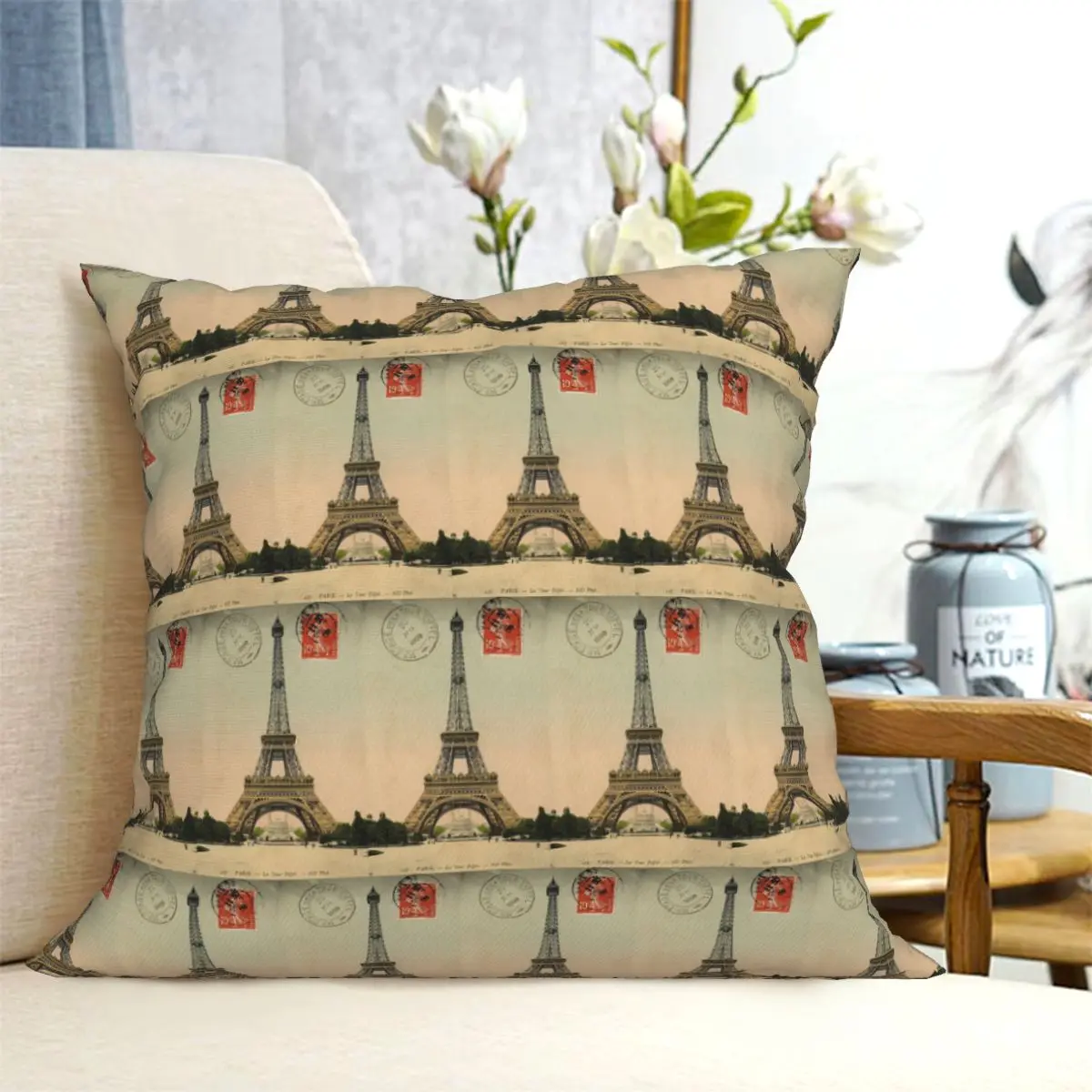 Eiffel Tower Vintage French Postcard Square Pillowcase Cushion Cover Pillow Case Throw Pillow Cover for Home Bedroom Car