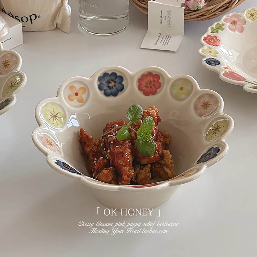 Unique Underglaze Color Floral Ceramic Bowl Ins Style Home Kitchen Use Soup Fruit Salad Noodle Bowls Dishwasher Microwave Safe