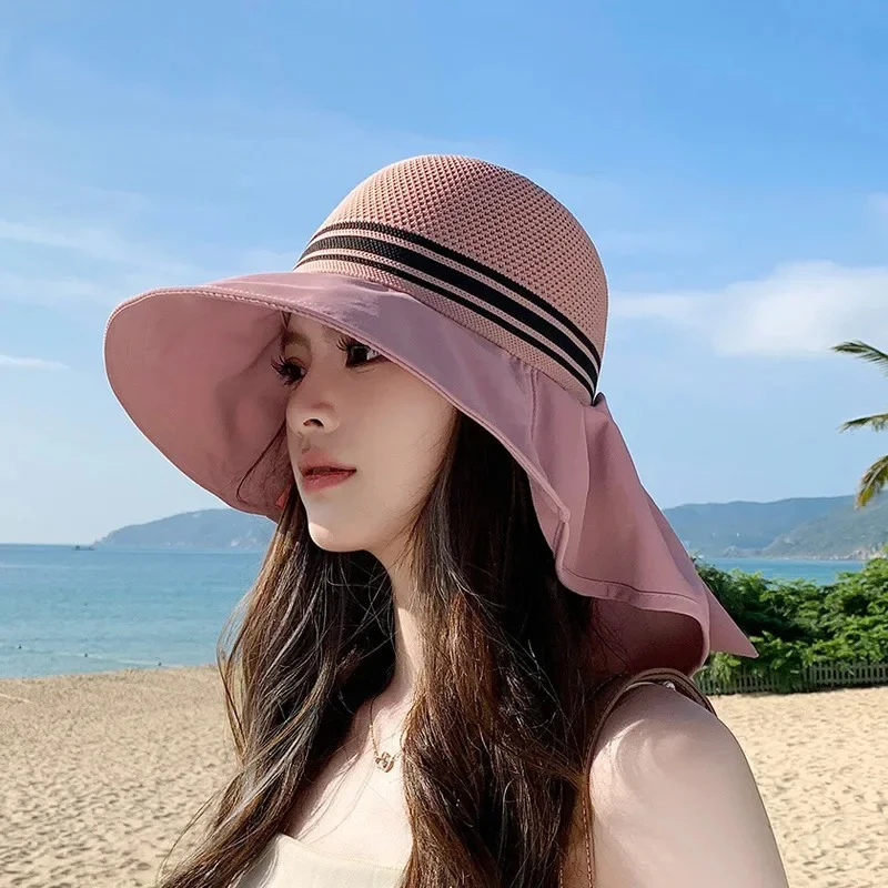 قبعة صيد عصرية صيفية قابلة للتنفس، قبعة كبيرة الحواف للنساء لركوب الدراجات في الهواء الطلق، وشاح حماية للرقبة، قبعة واقية من الشمس