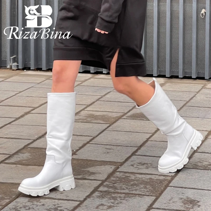 RIZABINA Real Leather Knee Boots For Women INS Winter Platform Shoes Woman Fashion High Heel Long Boot Lady Footwear Size 34-40