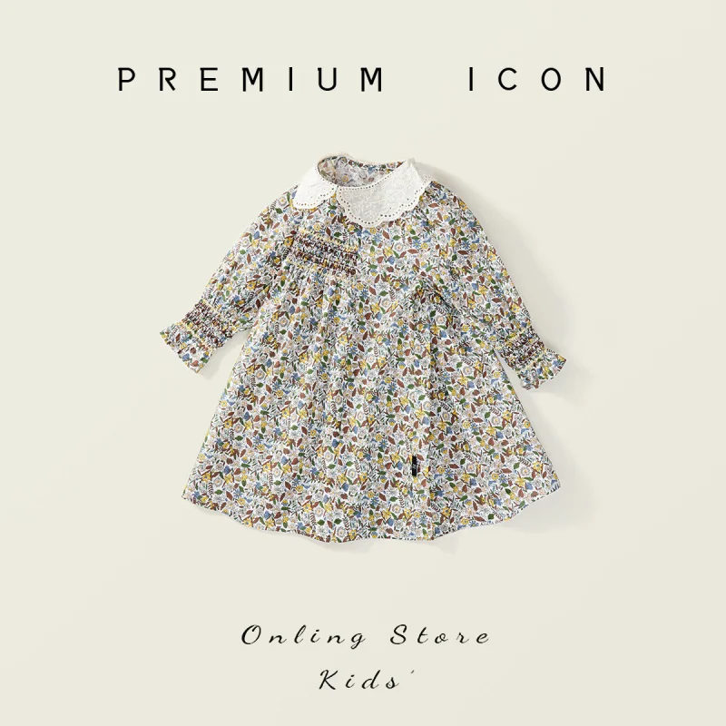 

Girls' Floral Dress Autumn New Vintage Style Long Sleeve Dress for Kids