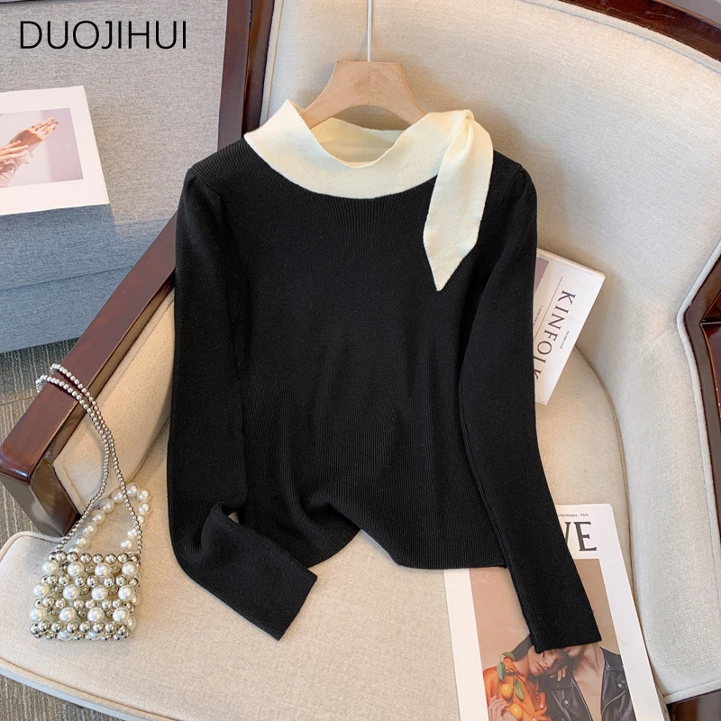 

DUOJIHUI Winter Chic Lace-up Slim Sweater Women Pullovers Fashion Contrast Color Basic Loose Knit Simple Casual Female Pullovers