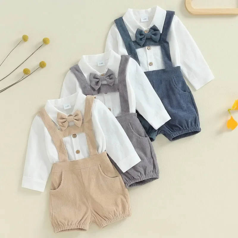 Baby Boy Gentleman Xmas Outfits Solid Color Long Sleeve Lapel Neck Bodysuit with Suspender Shorts Bow Tie Clothe Set