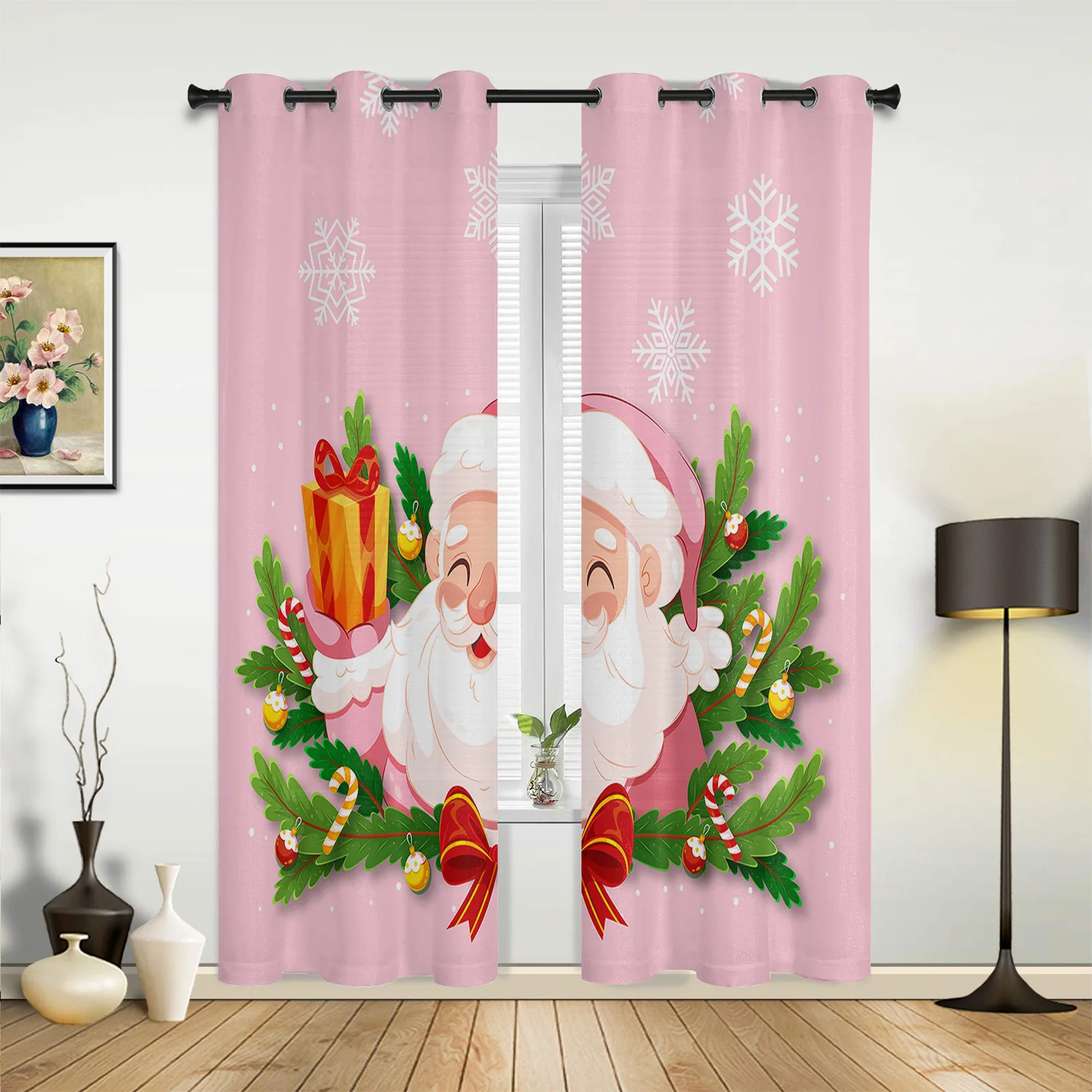 

Christmas Santa Claus Pine Needle Pink Curtains for Living Room Window Panels Bedroom Kitchen Drapes Home Decor Window Curtain