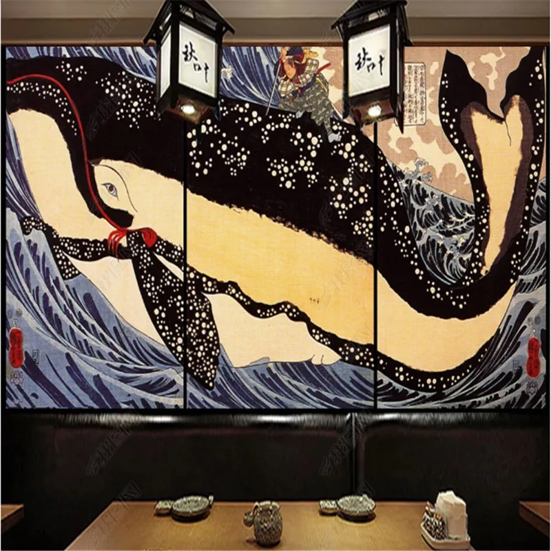 

Retro Japanese Ukiyo-e Big Fish Ocean Wave Wallpaper Industrial Decor Sushi Restaurant Background Mural Wall Papers 3D