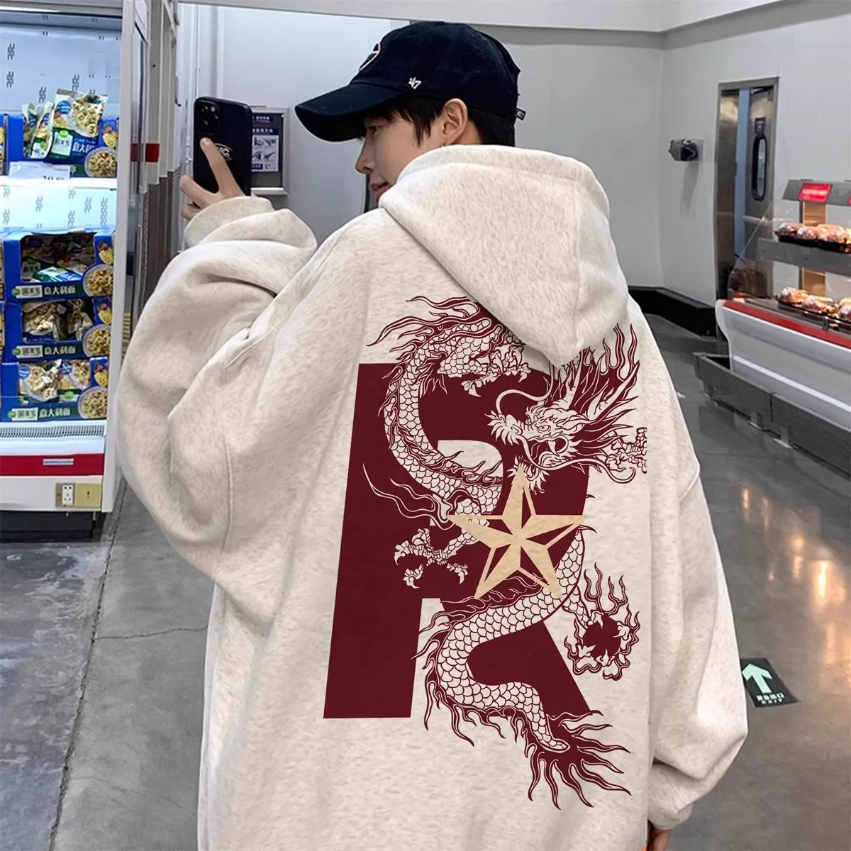 

Мужская утепленная толстовка с капюшоном на флисовой подкладке, плотная, в уличном стиле, с принтом «Год Дракона», теплая, из полиэстера
