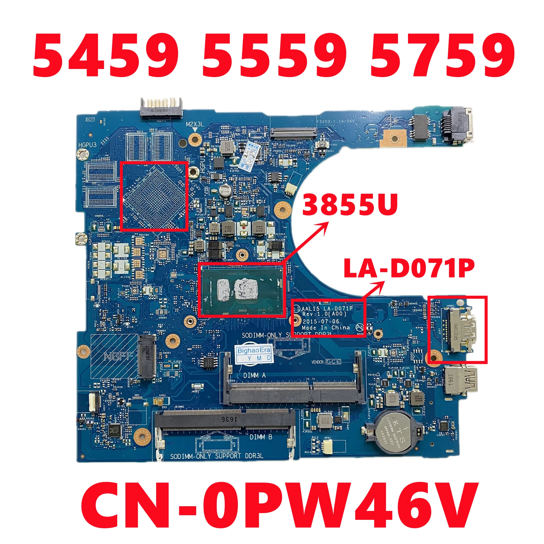 CN-0PW46V PW46V AAL15 LA-D071P Mainboard For Dell Inspiron 5459 5559 5759 Laptop Motherboard With 3855U CPU DDR3 UMA 100% Tested