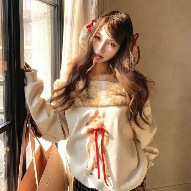 2026 Autumn Winter A Unique Good-looking Pullover Hoodie Korean-style Fur Collar One-shoulder Shoulder Deer Pattern for Women