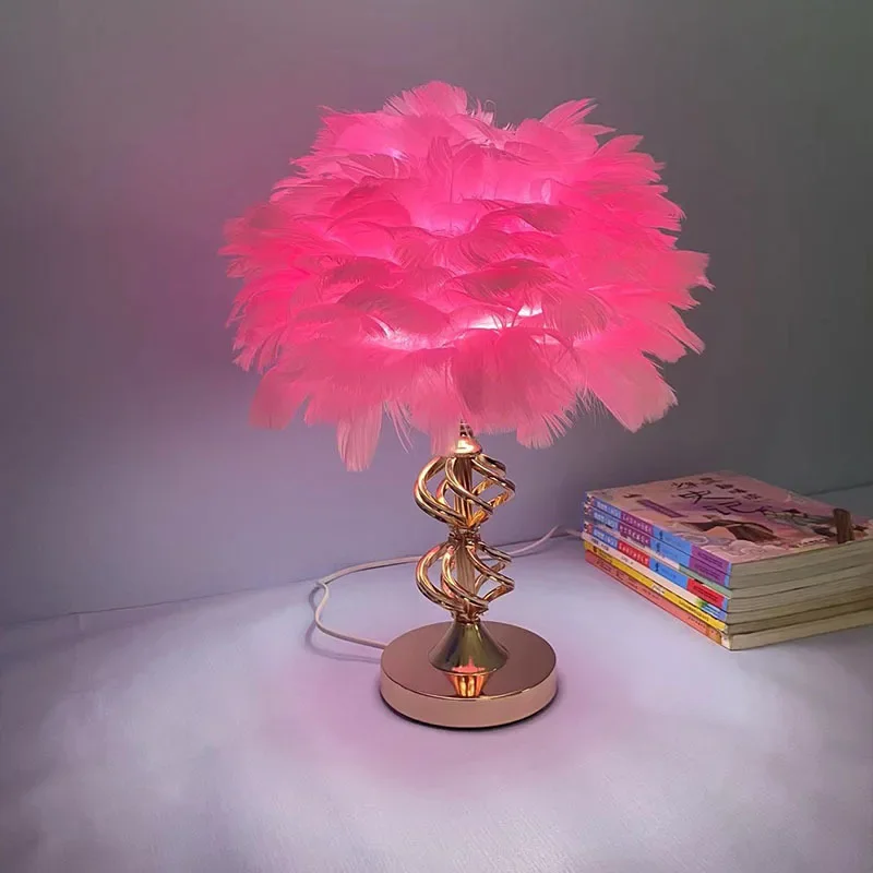 Nordic bedroom bedside ornament decoration wedding room warm romantic feather table lamp