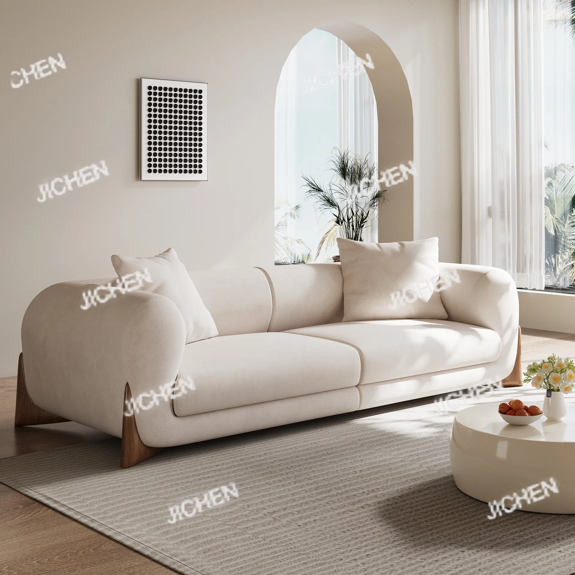 

Высококачественный мягкий комплект мебели для гостиной, роскошный современный диван из белой ткани с ножками из массива дерева, идеально подходит для семейной гостиной.